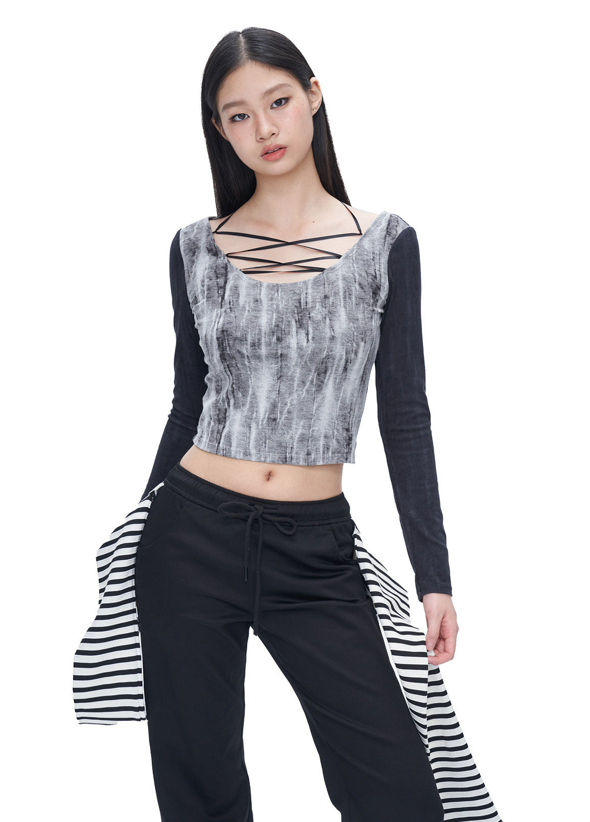 Front studio view of the black tie-dye lace-up U-neck crop tee.
