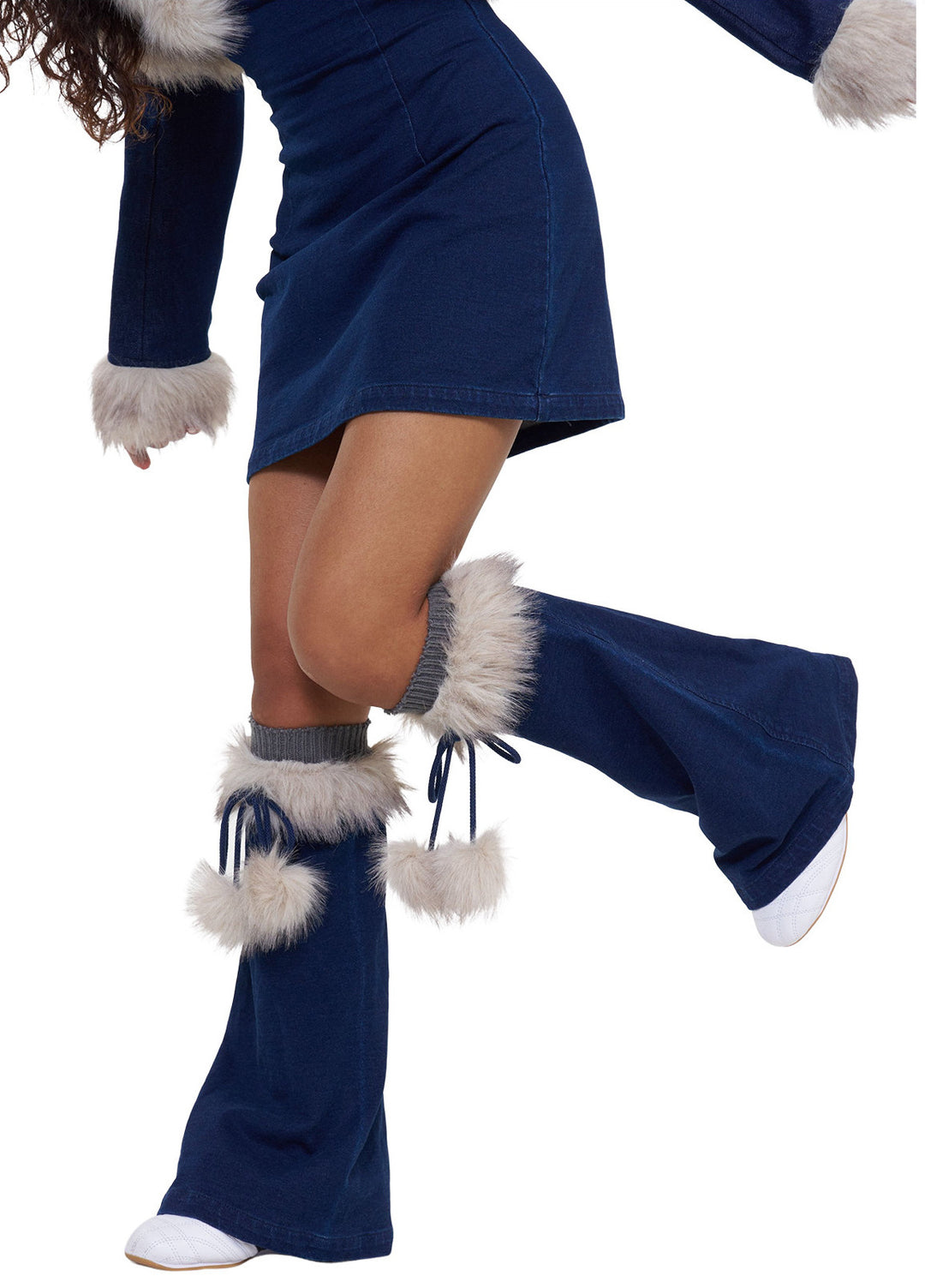 NEXT PASSPORT denim leg warmers leg-warmer close-up.