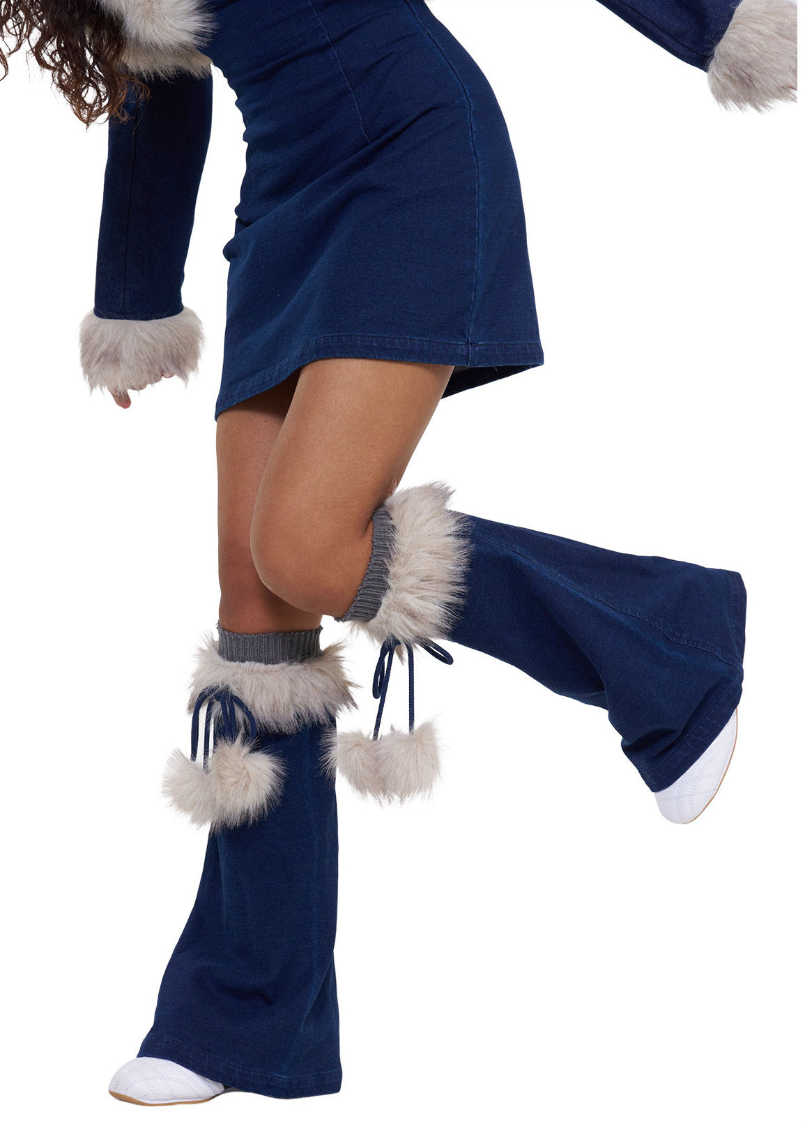 NEXT PASSPORT denim leg warmers leg-warmer close-up.