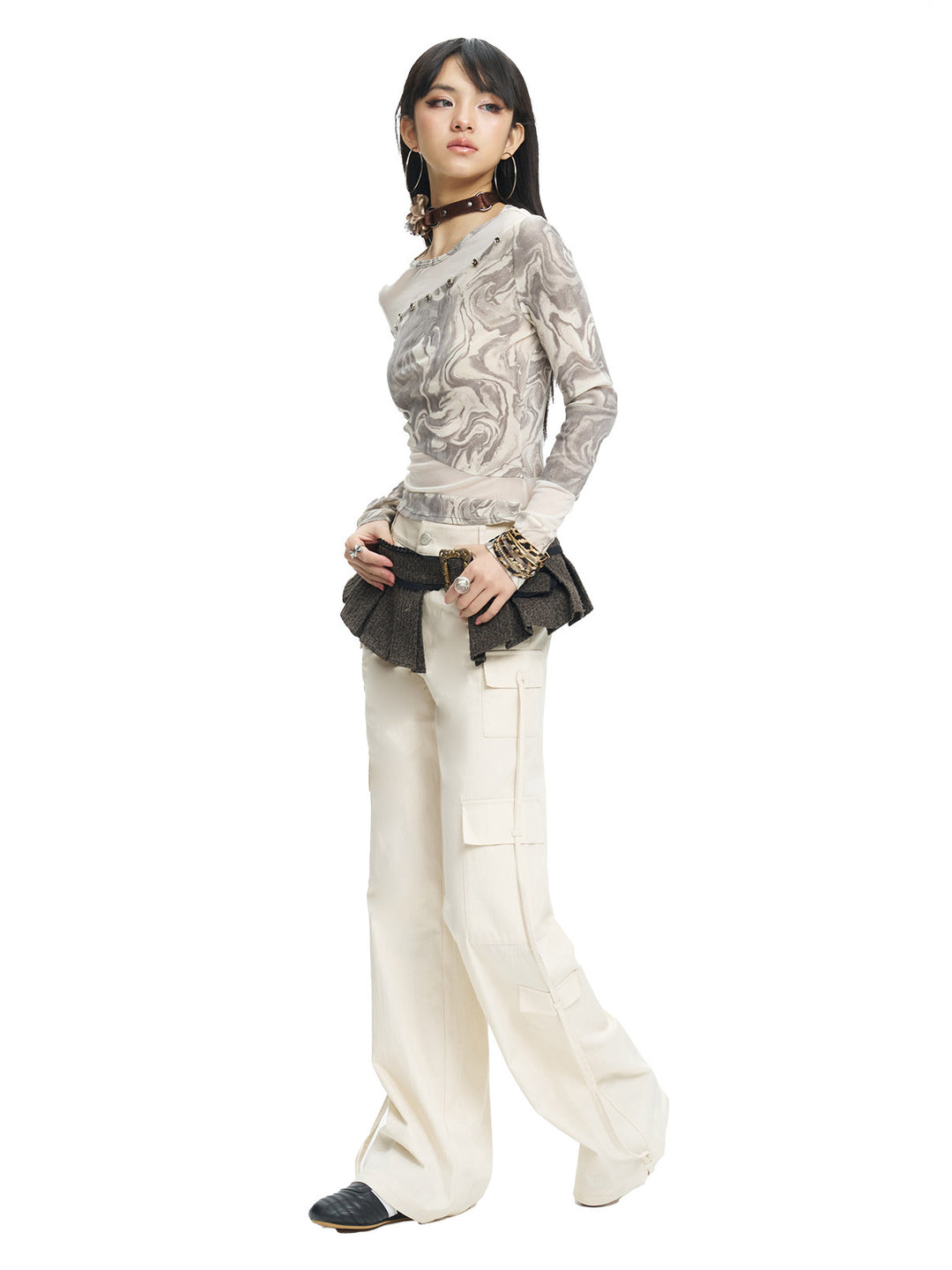 NEXT PASSPORT white drawstring multi-pocket cargo pants in white — side full-length studio view.