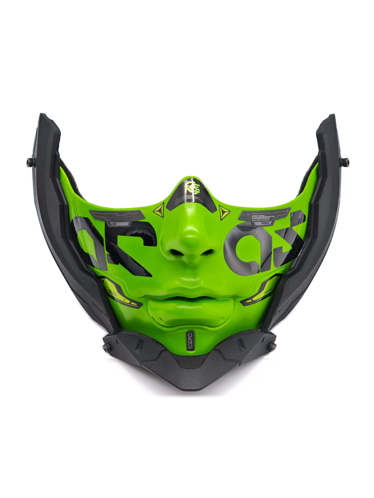 FOCKSHOP sharp-chin mask — green 1a solo front view showing the sculpted face, frame and pointed chin.