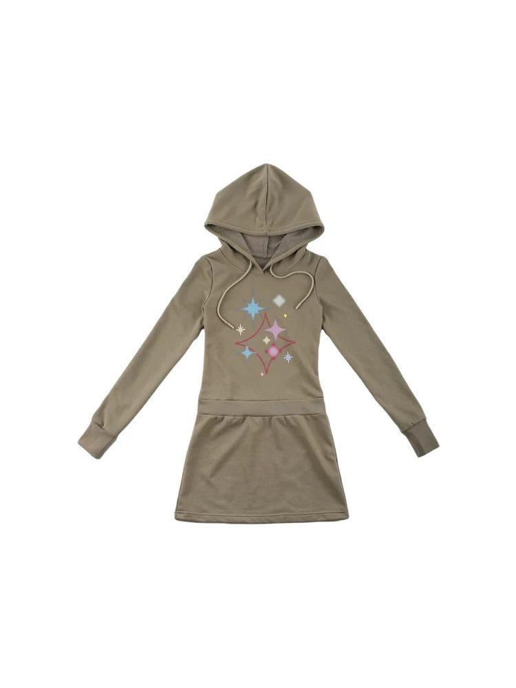 NEXT PASSPORT khaki-green star-print hooded sweatshirt dress, closed-back option