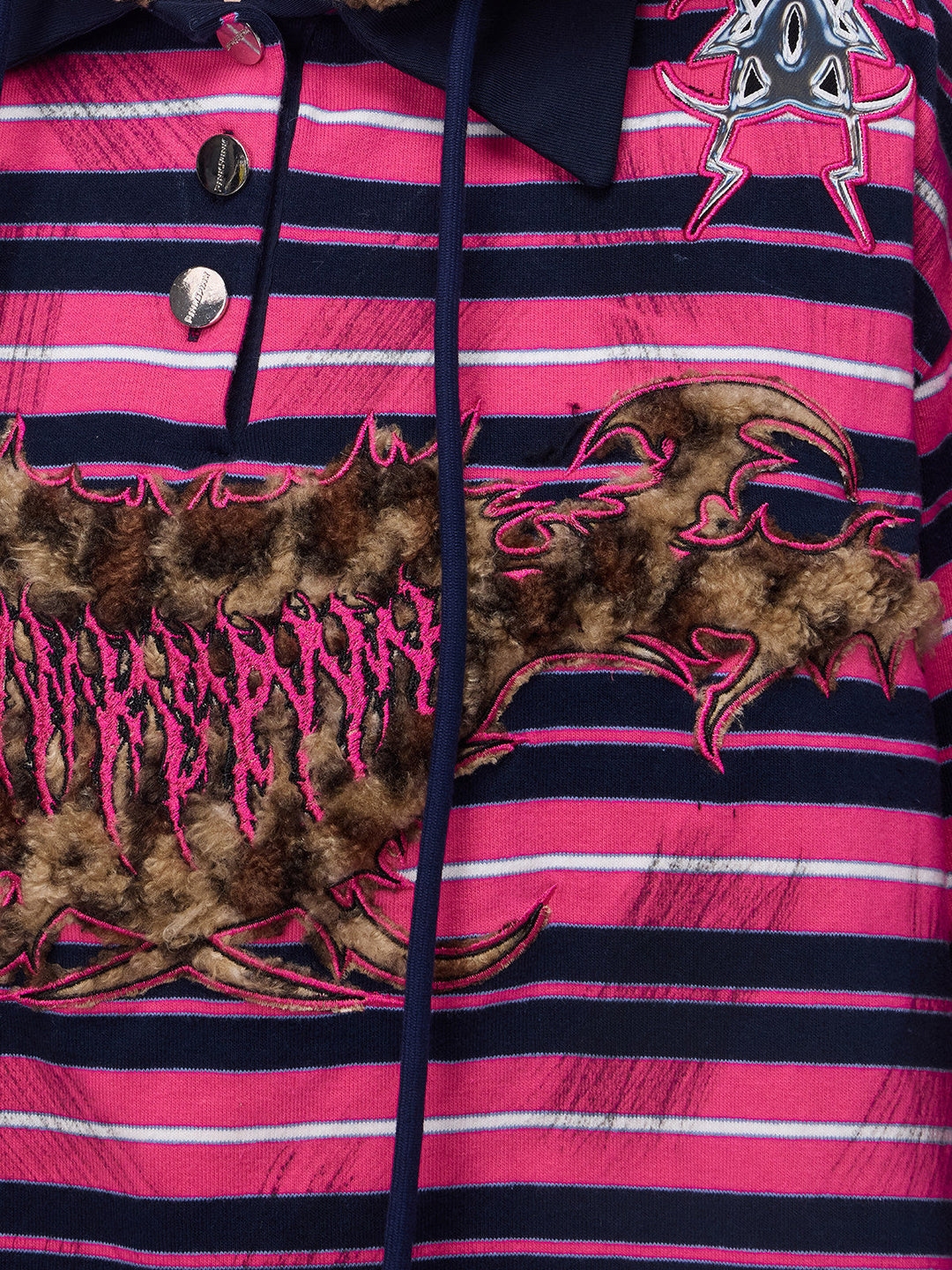 PINKSPINK CAT ALIEN leopard-ear striped hoodie — close-up of the striped chest, buttons and leopard applique