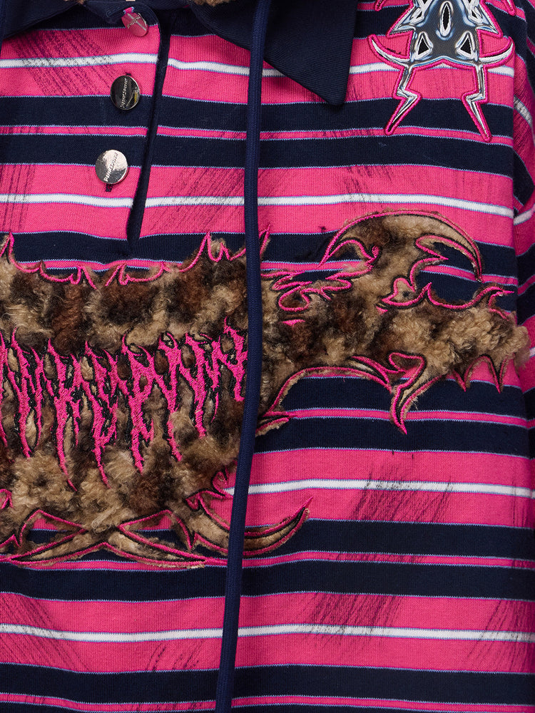PINKSPINK CAT ALIEN leopard-ear striped hoodie — close-up of the striped chest, buttons and leopard applique