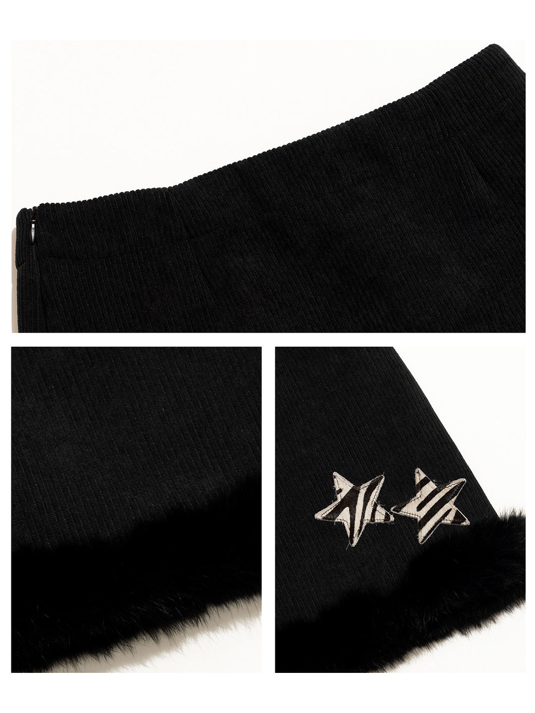 NEXT PASSPORT black corduroy faux-fur trim mini skirt — fabric and trim details