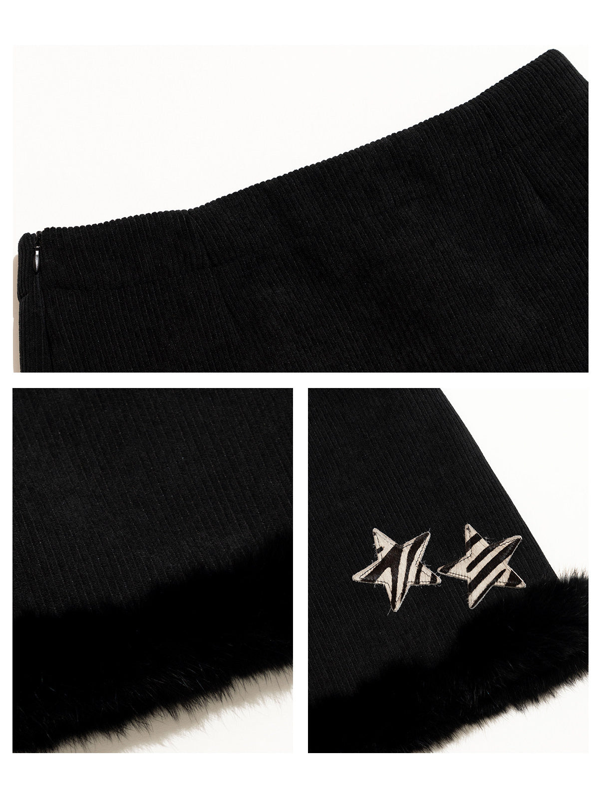 NEXT PASSPORT black corduroy faux-fur trim mini skirt — fabric and trim details