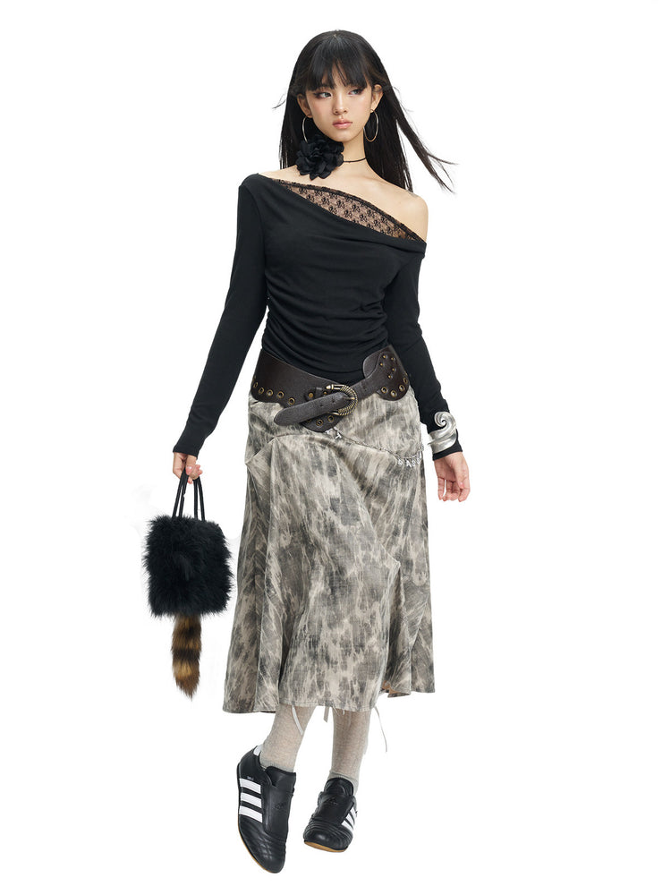 NEXT PASSPORT black lace-trim off-shoulder long-sleeve top — walking front view on white.