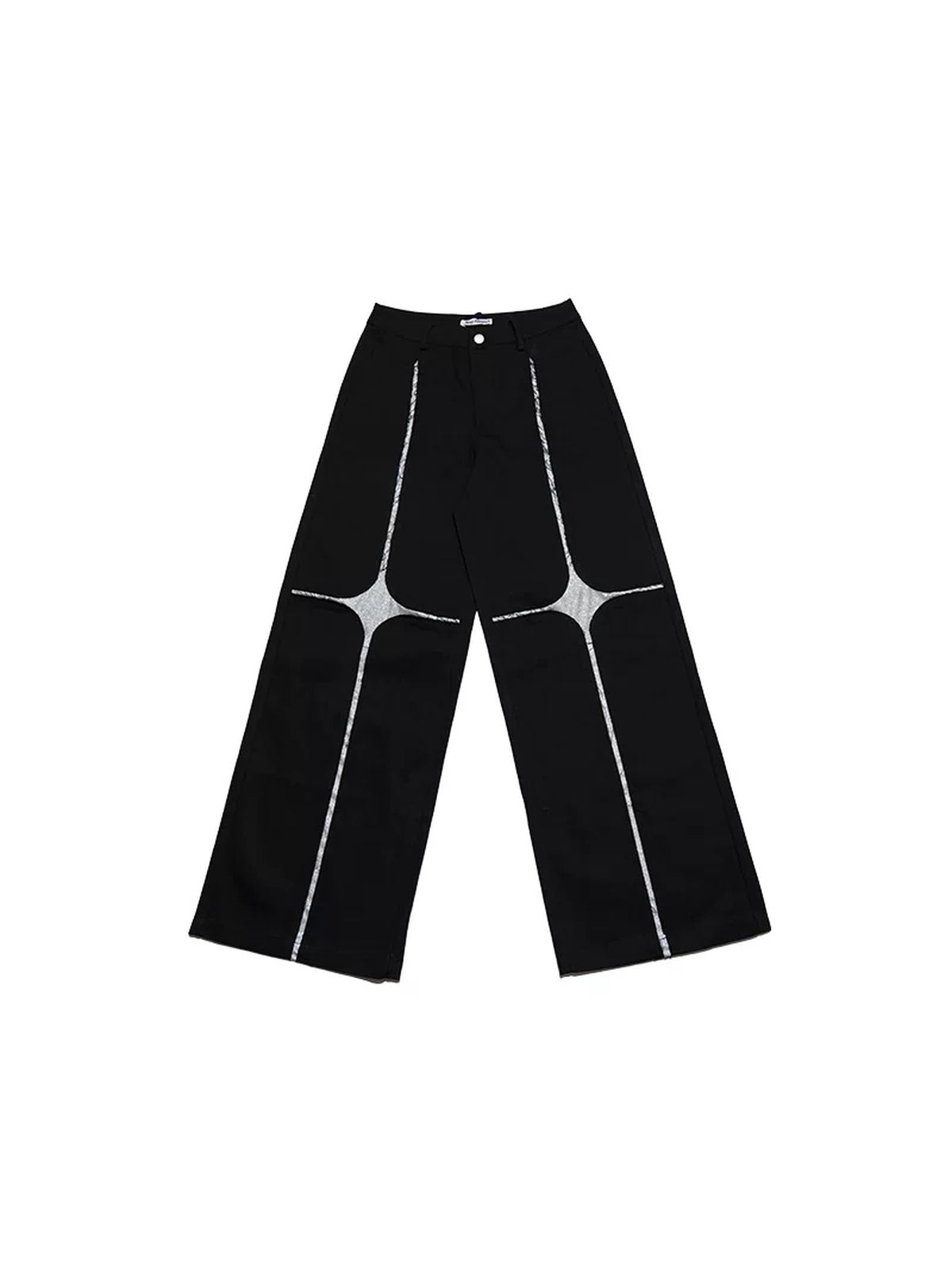 NEXT PASSPORT black silver-cross sequin wide-leg pants — solo front flat lay.