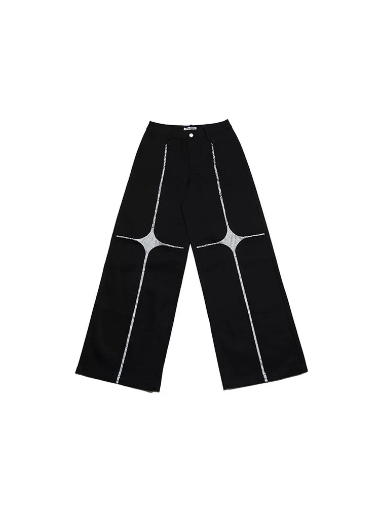 NEXT PASSPORT black silver-cross sequin wide-leg pants — solo front flat lay.