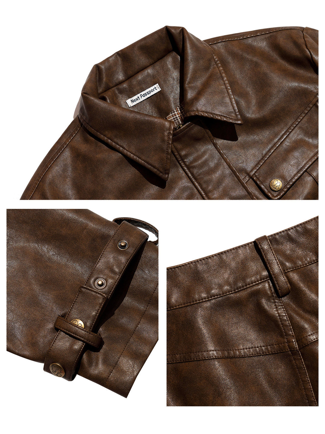 Brown distressed faux-leather moto jacket detail collage showing the collar, cuff hardware, and back seam
