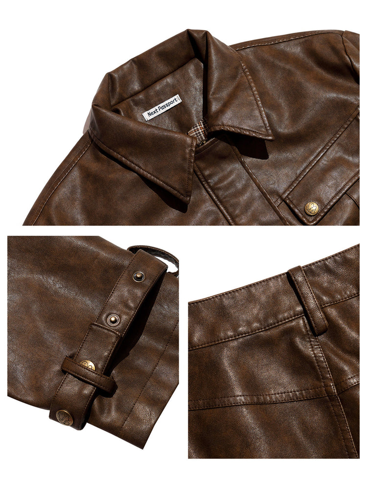 Brown distressed faux-leather moto jacket detail collage showing the collar, cuff hardware, and back seam