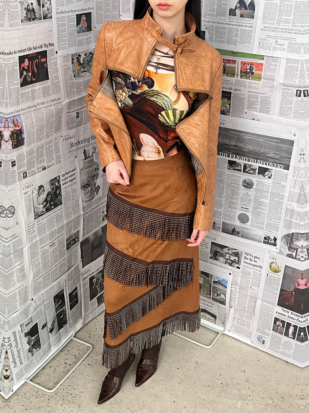 NEXT PASSPORT brown faux-suede fringe maxi skirt styled with matching blazer