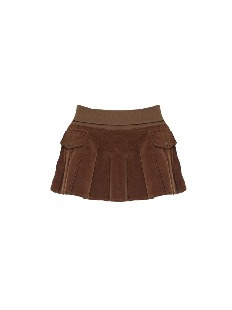 Chocolate brown corduroy pleated mini skirt flat lay