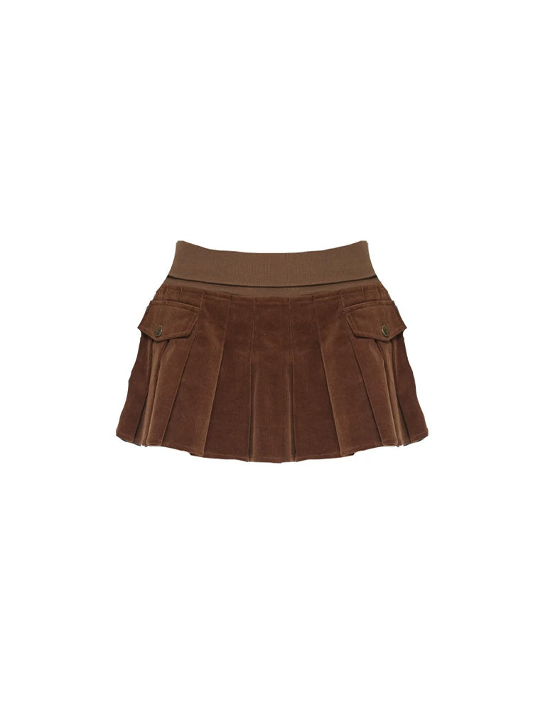 Chocolate brown corduroy pleated mini skirt flat lay