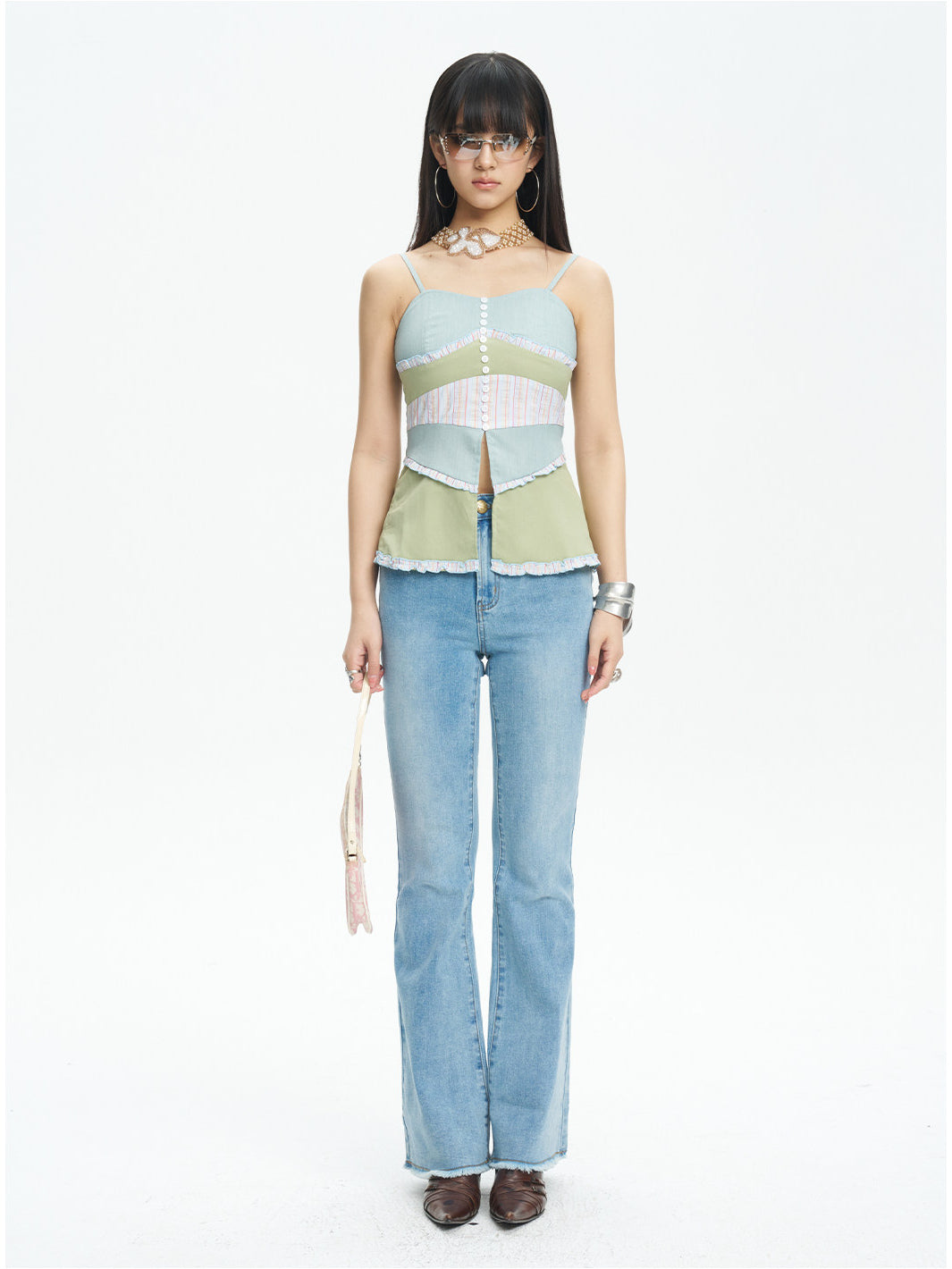 NEXT PASSPORT color-block button-front fishtail camisole green full front