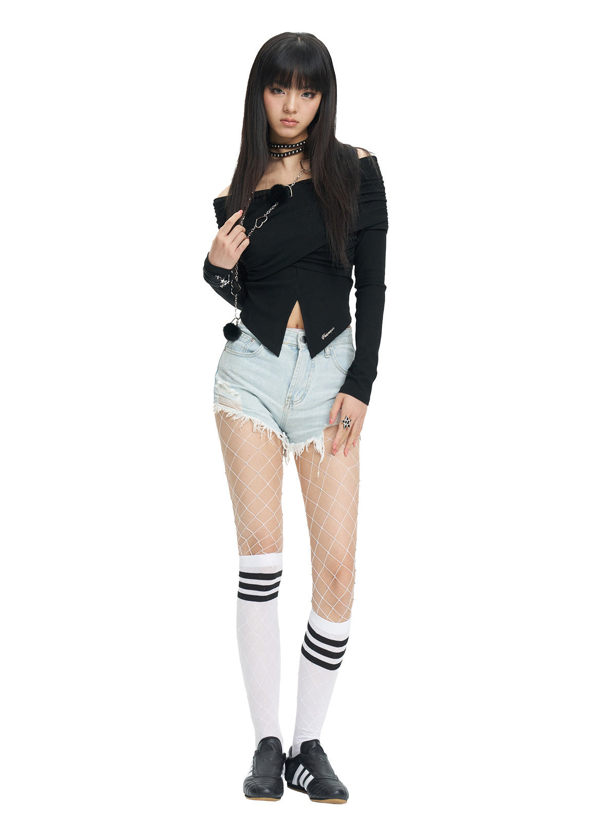 NEXT PASSPORT black cross-pleated off-shoulder long-sleeve top full front view