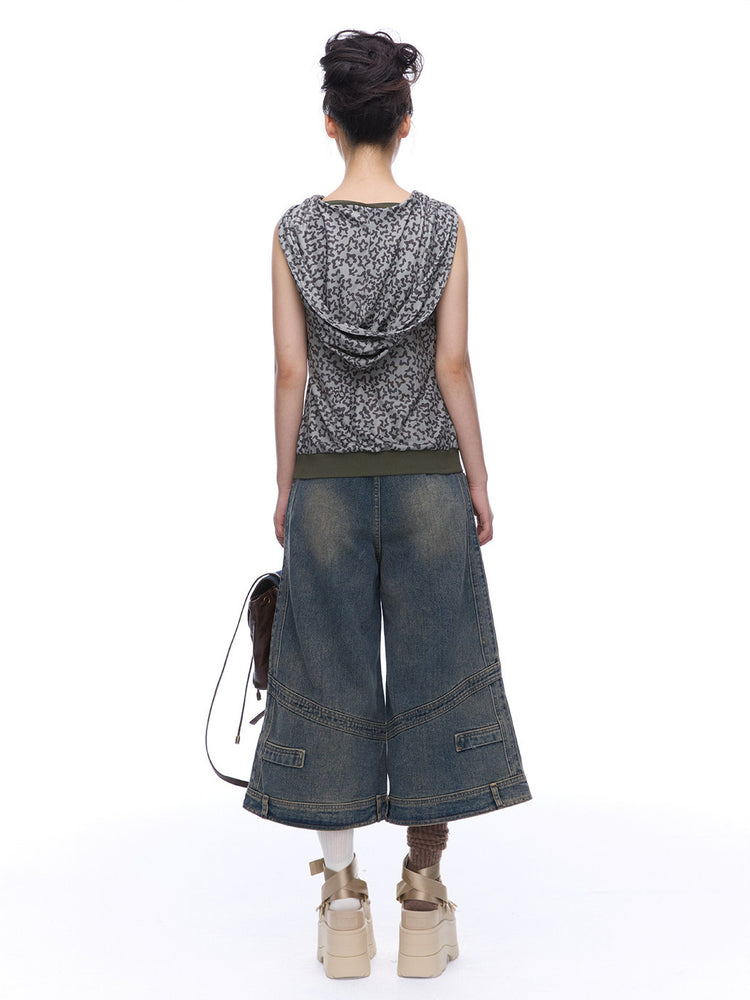 Back view of NEXT PASSPORT deconstructed wide-leg denim capri pants