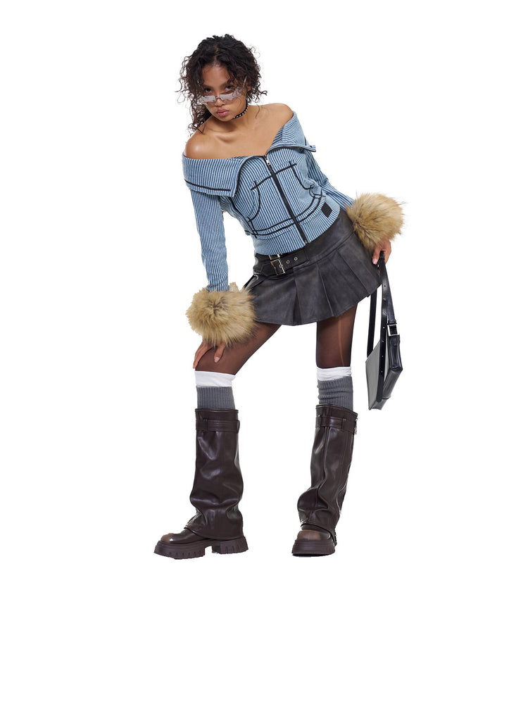 NEXT PASSPORT gray-brown double-belt pleated PU mini skirt, leaning full-body view