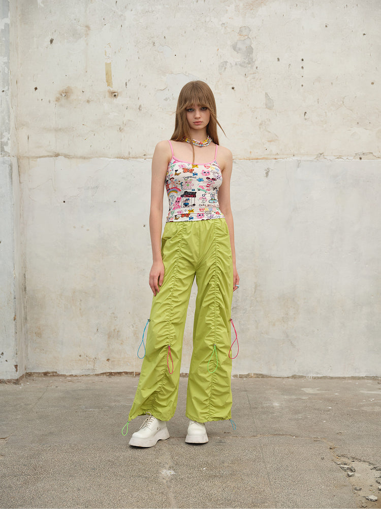 NEXT PASSPORT three-color ruched drawstring wide-leg pants in green, full-length view