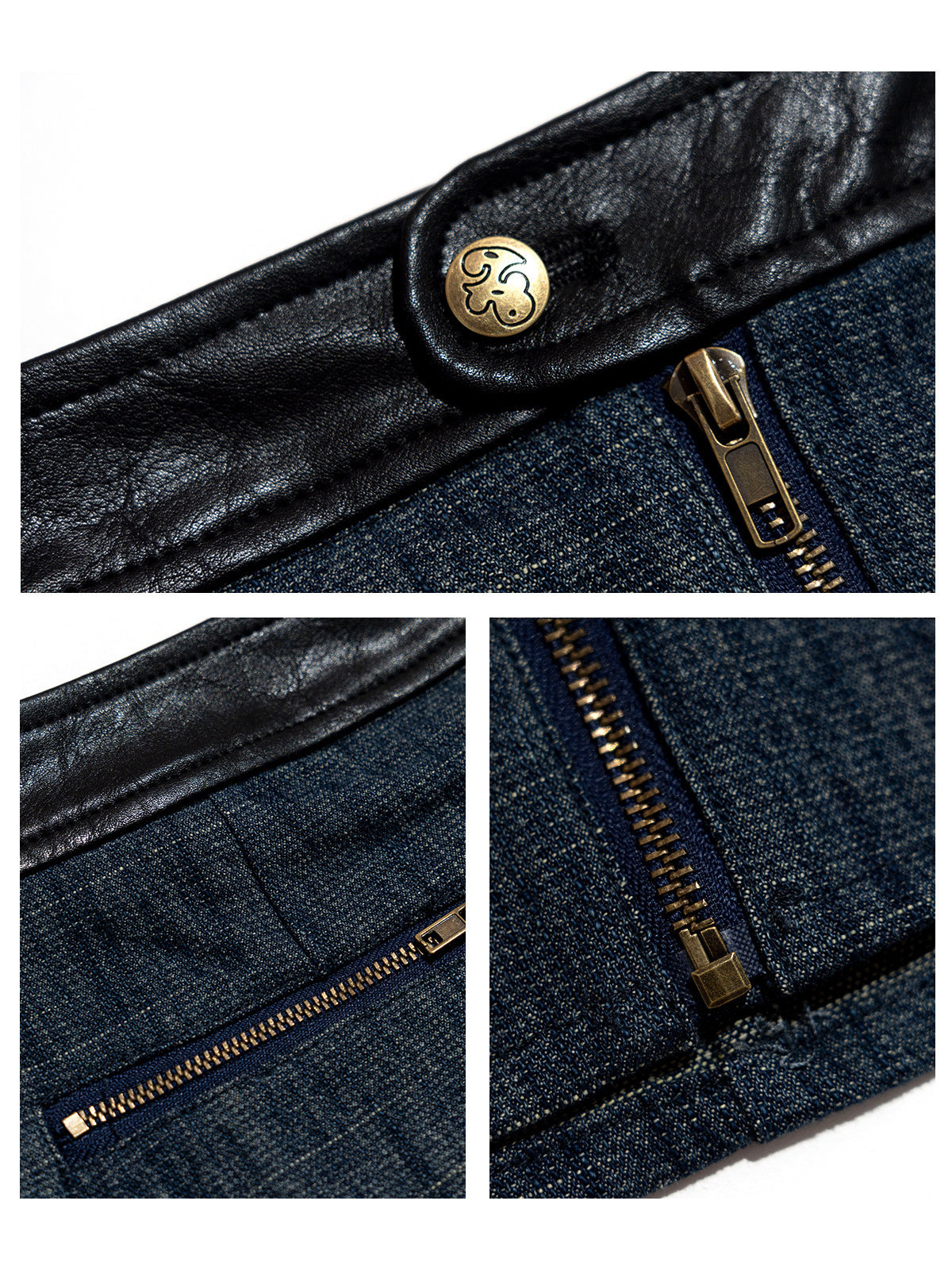 NEXT PASSPORT blue-denim faux-leather waist zip mini skirt hardware details.