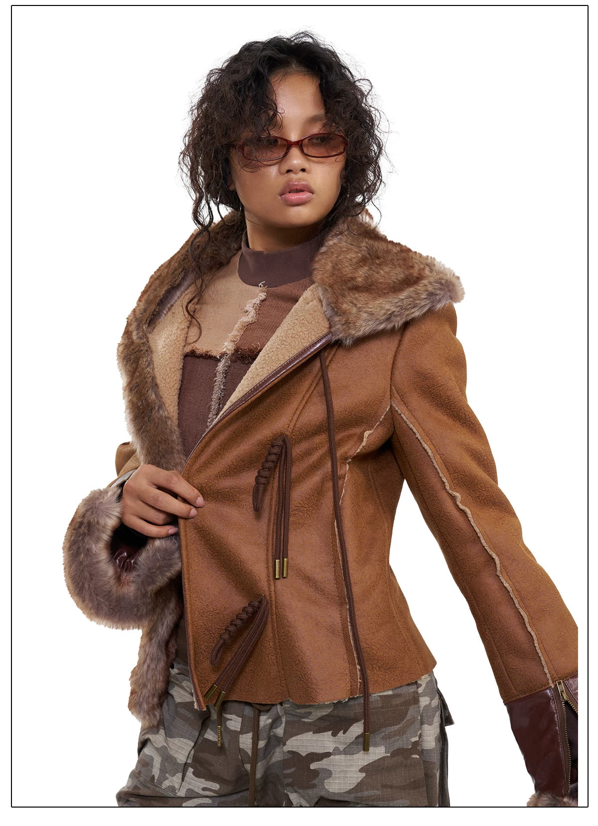 NEXT PASSPORT dark-brown rope-toggle shearling cropped jacket, white-background walking three-quarter pose