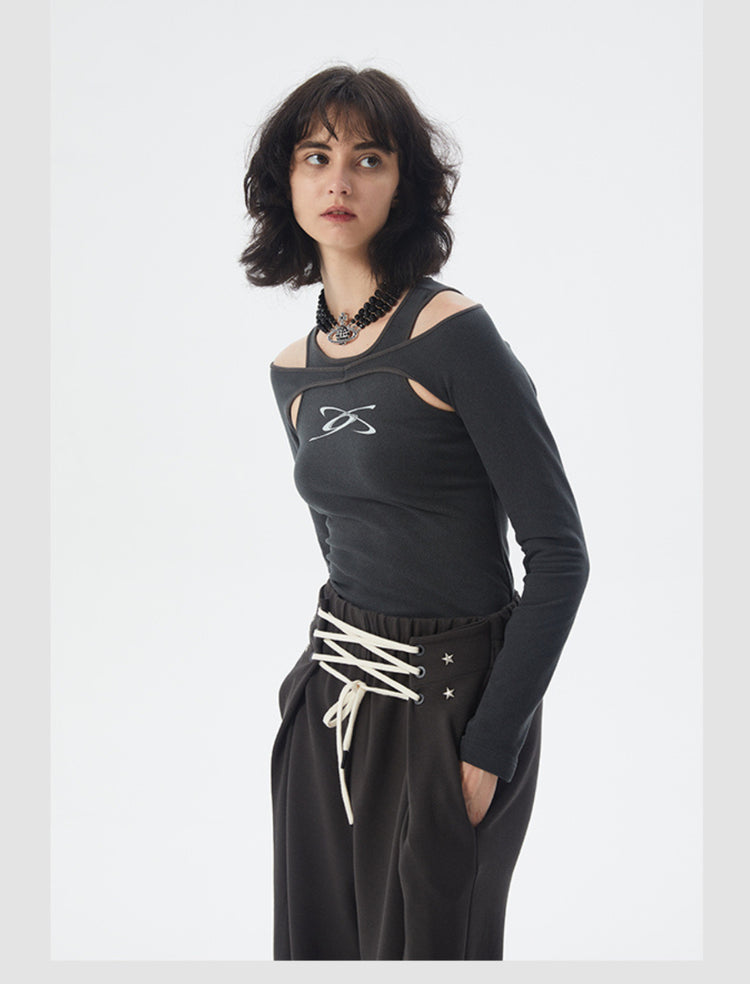 ERRORCODE ROBOT dark gray off-shoulder long-sleeve tee, angled modeled view showing the cutout neckline