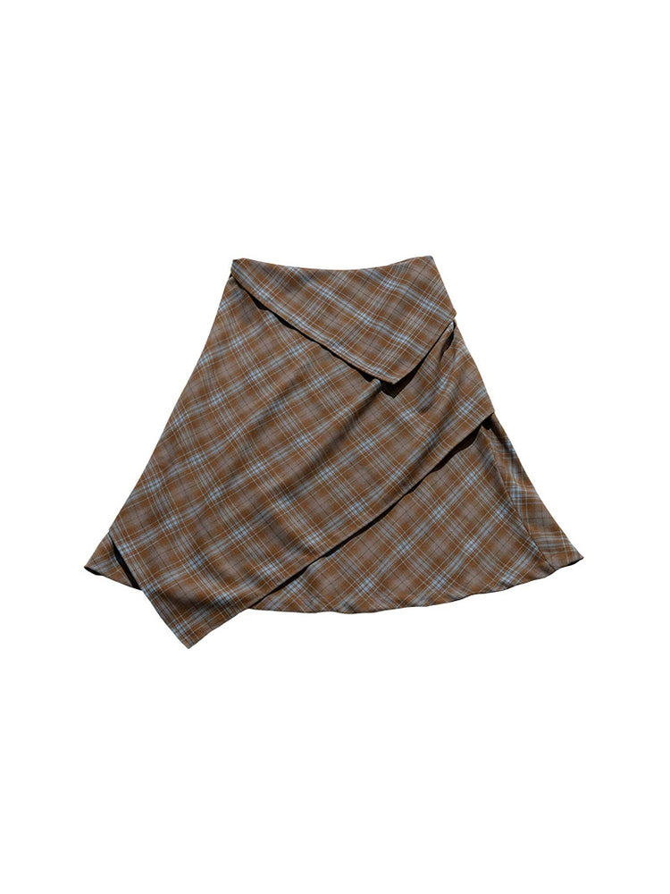 NEXT PASSPORT blue plaid wrap-panel midi skirt flat lay