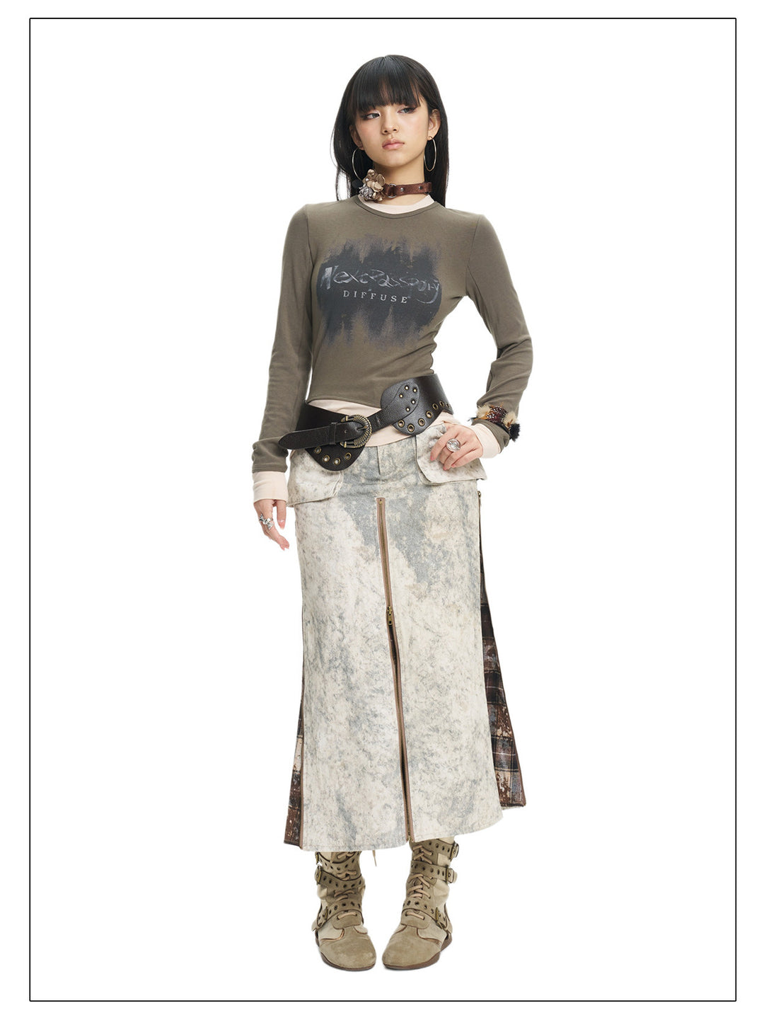 Full-length olive-top view of the Next Passport zip midi skirt