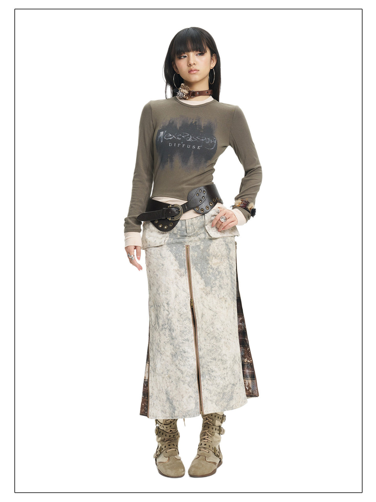 Full-length olive-top view of the Next Passport zip midi skirt