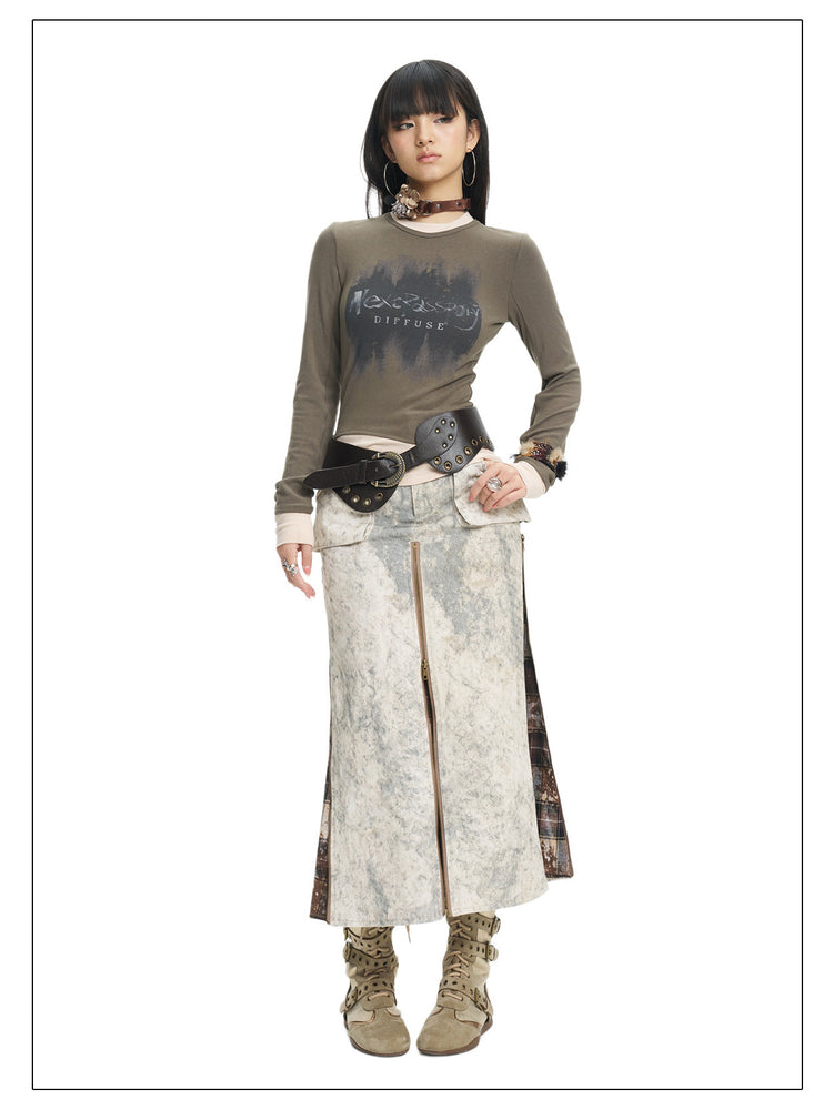 Full-length olive-top view of the Next Passport zip midi skirt
