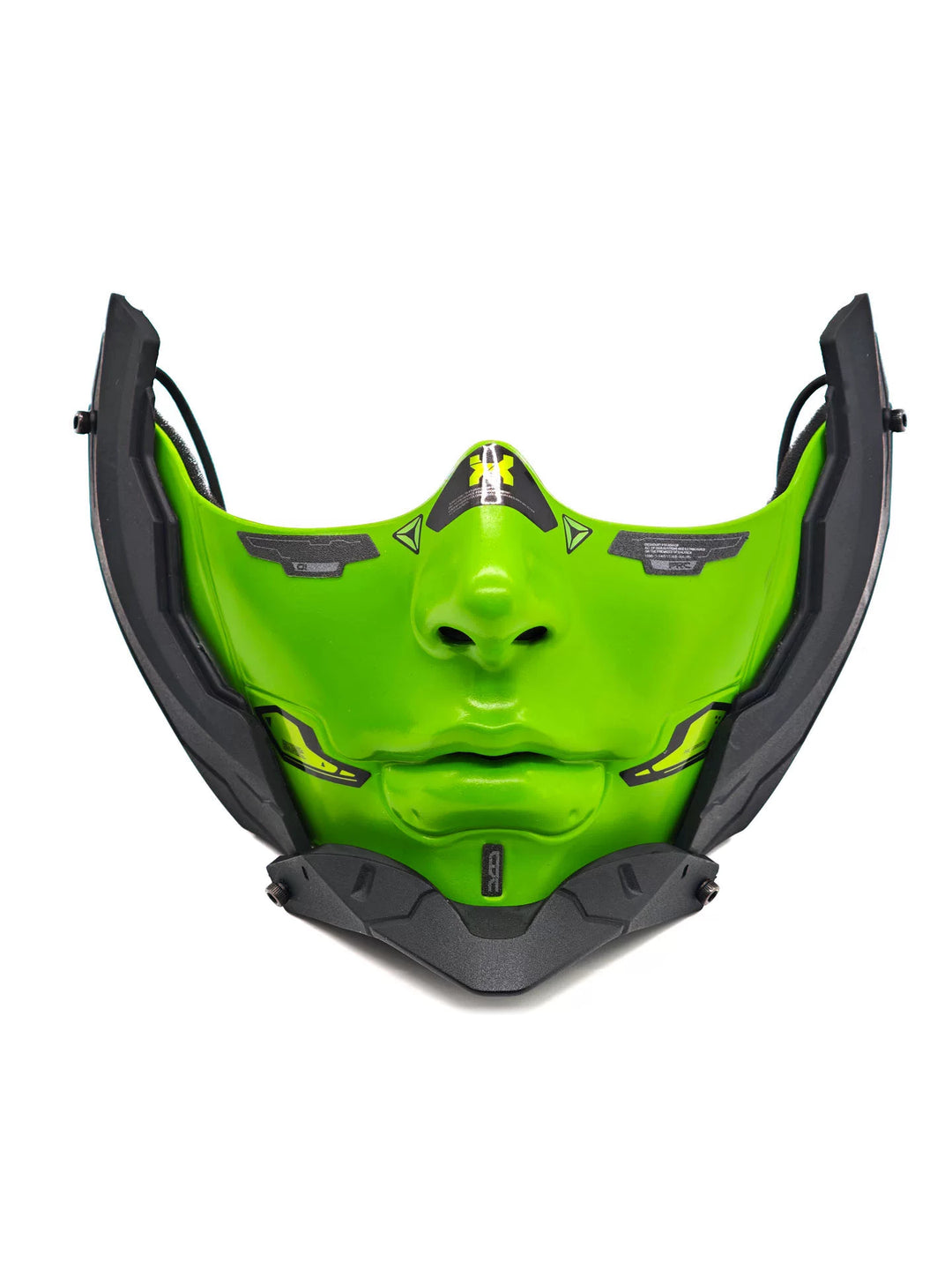 FOCKSHOP sharp-chin mask — green 1b solo front view showing the sculpted face, frame and pointed chin.