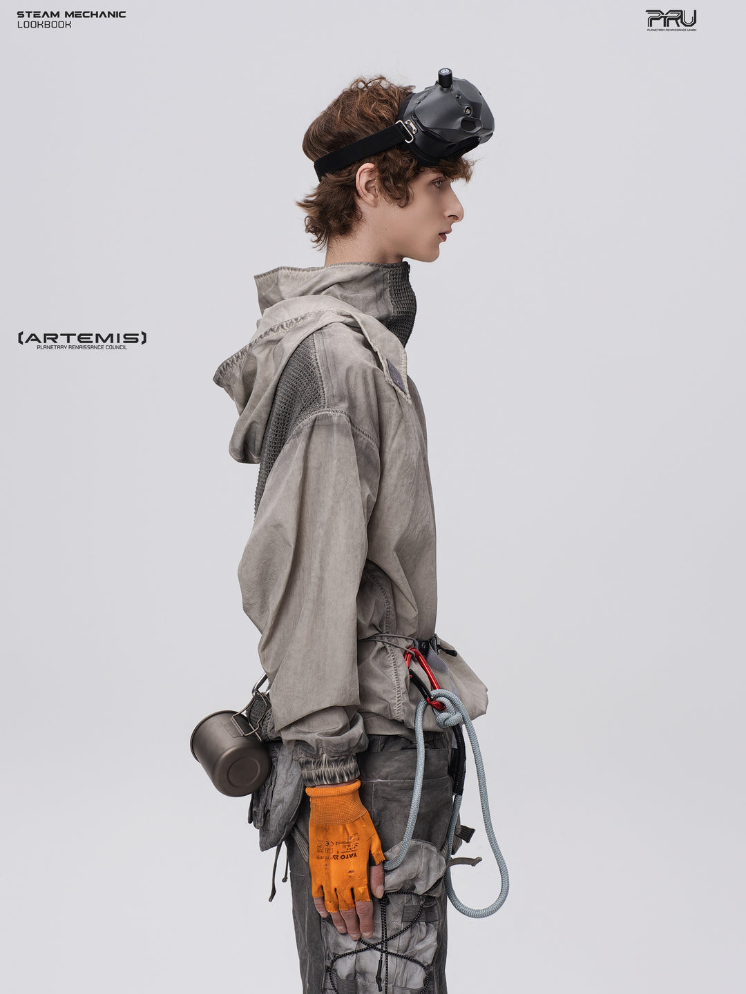 PIONEER meteorite-gray mesh hoodie, right-side close view showing the loose sleeve