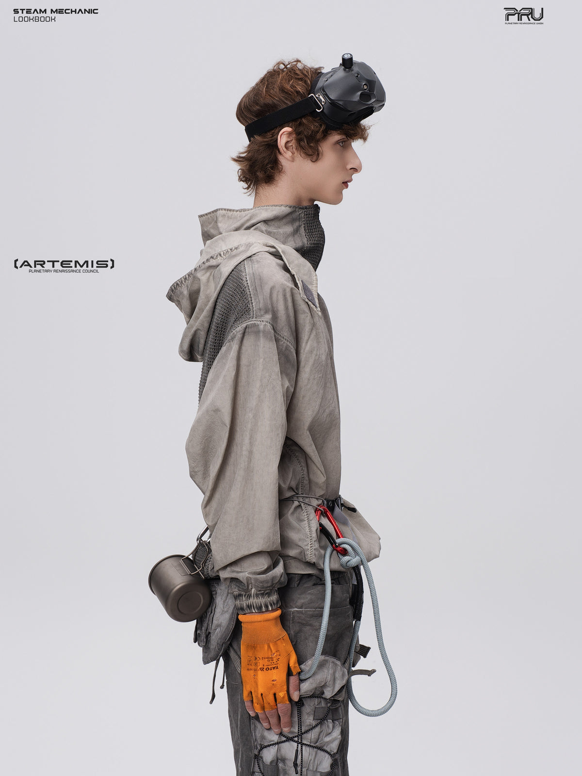 PIONEER meteorite-gray mesh hoodie, right-side close view showing the loose sleeve