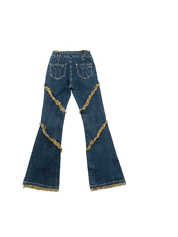NEXT PASSPORT deep-blue frayed-hem slim flare jeans in denim blue — garment-only back view on white.