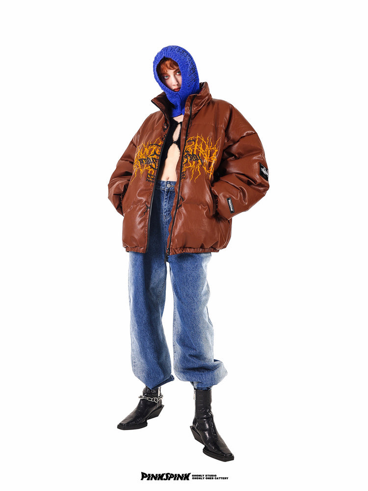 PINKSPINK ELECTRIC THORN embroidered knit balaclava in Klein blue — full-length modeled view with a brown puffer and jeans