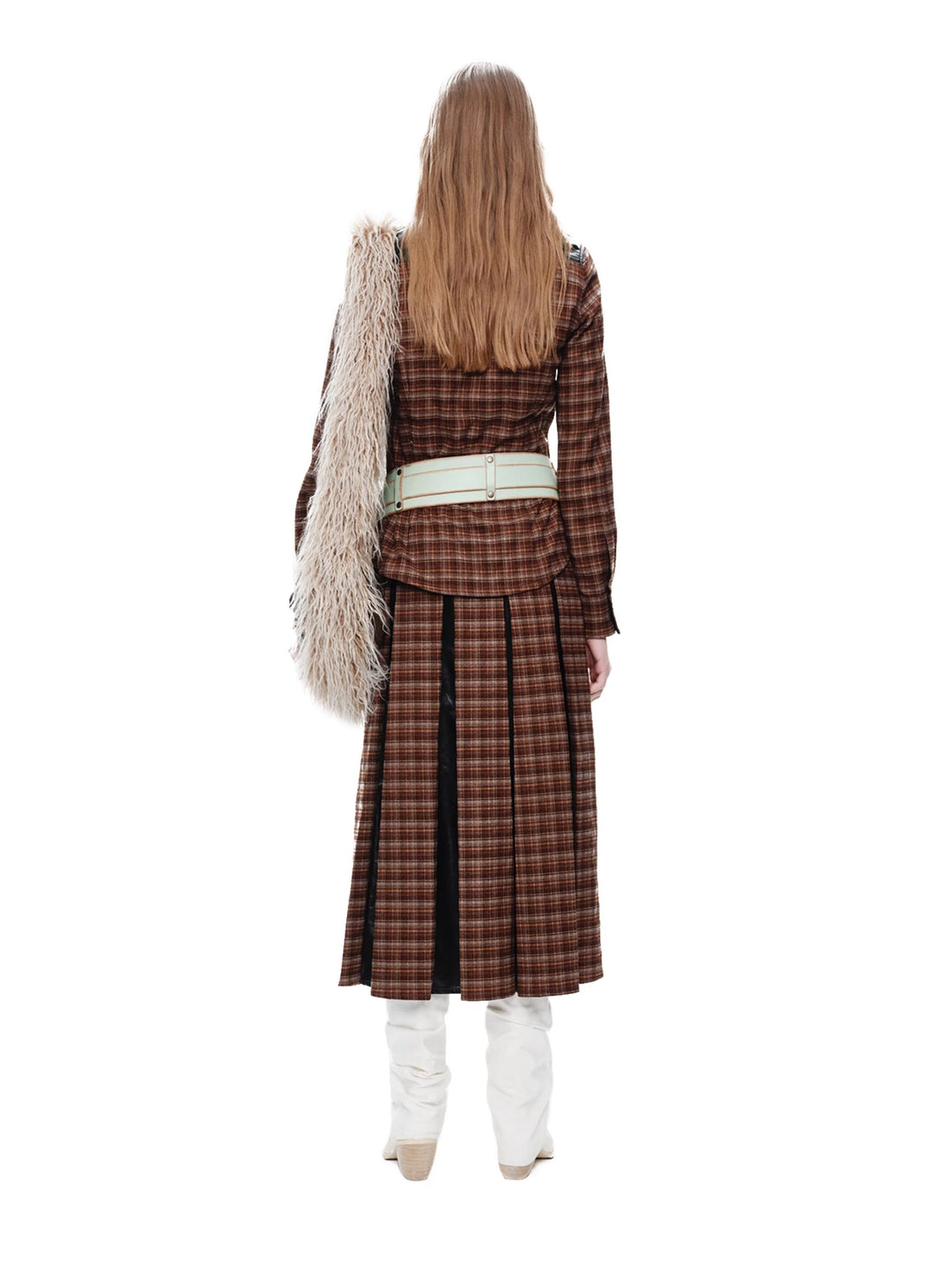 NEXT PASSPORT brown faux-leather plaid shirt — modeled back view