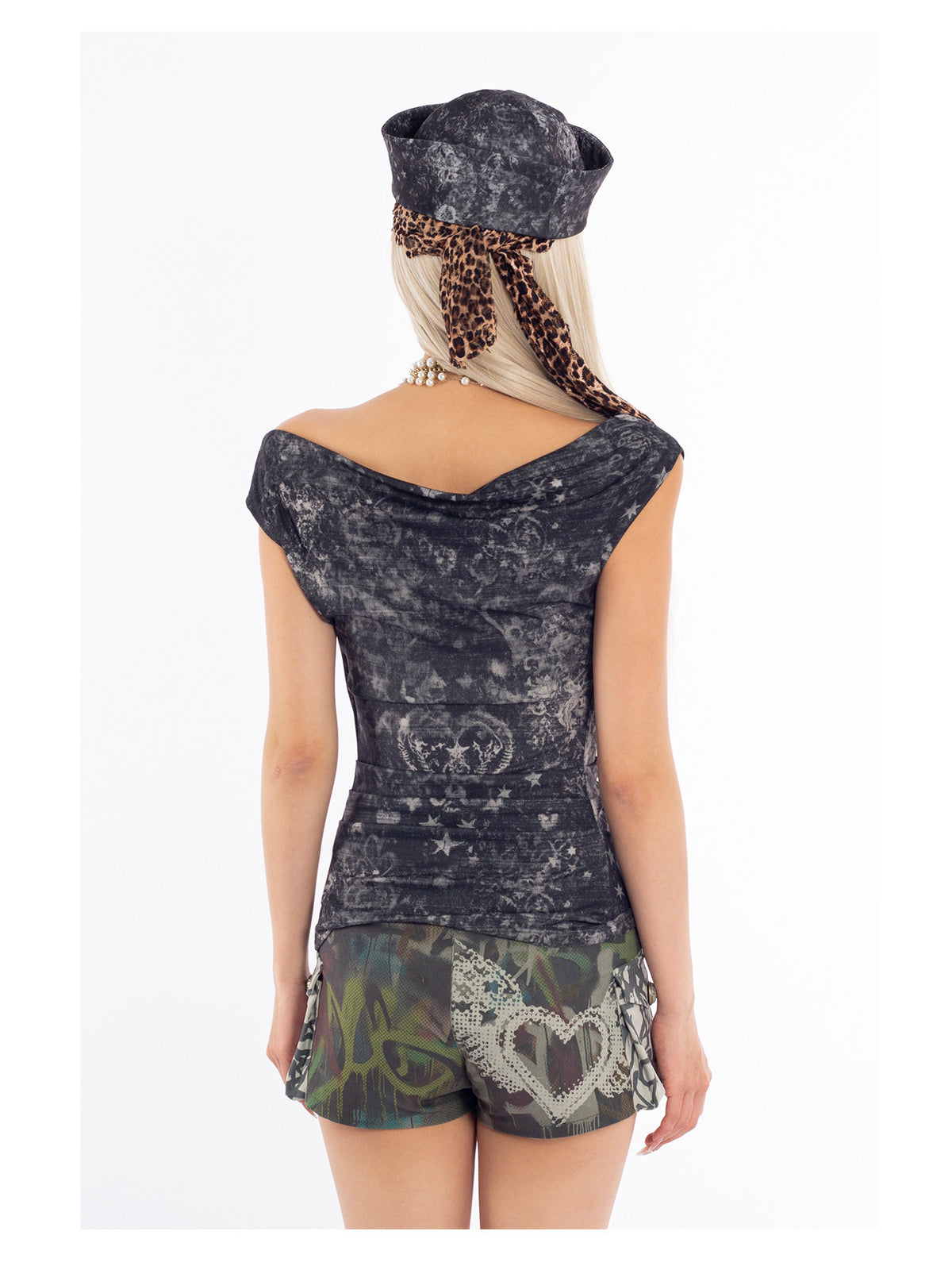 4RE1GN MYSTIC printed brimless hat — black-gray mystic print — back modeled view