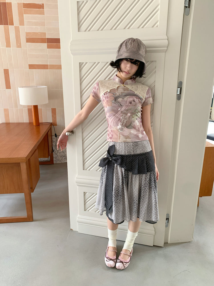 4RE1GN PINK REAPER lace-panel mandarin tee in pink multicolor — full-length modeled view beside a door