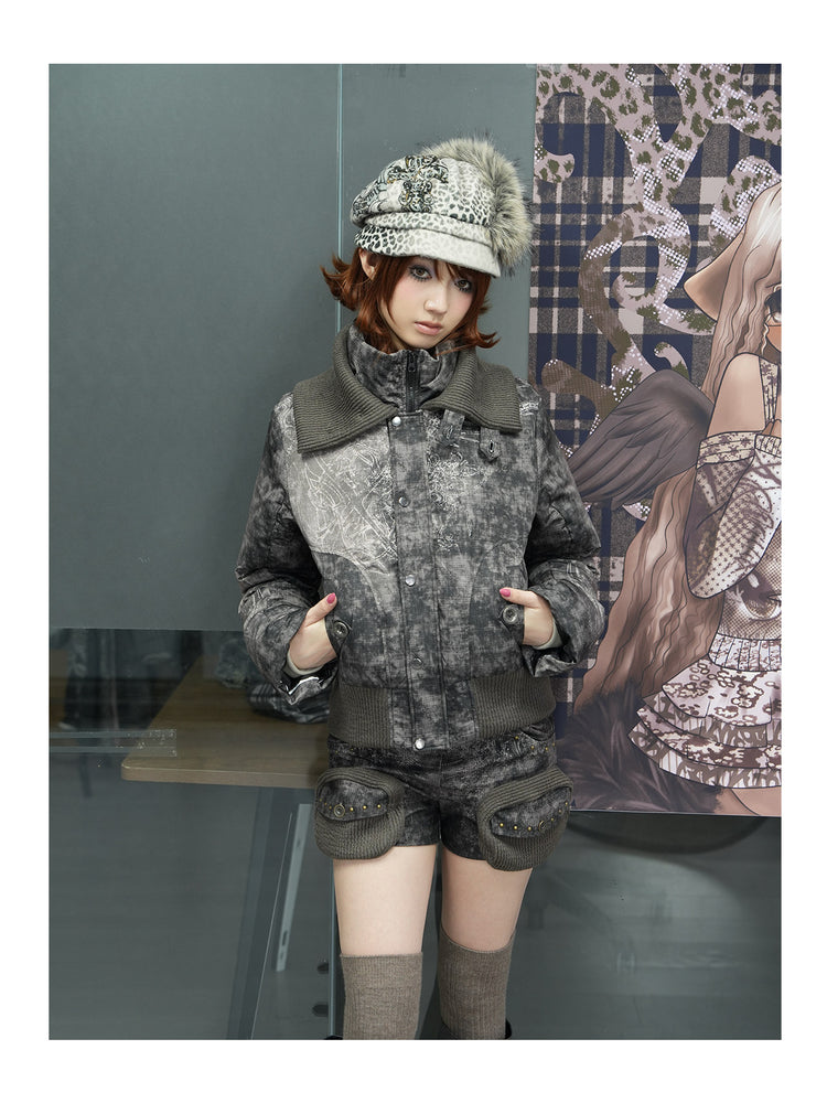 4RE1GN MYSTIC STAR knit-pocket corduroy shorts in gray black — front modeled view styled with the matching jacket beside a printed backdrop