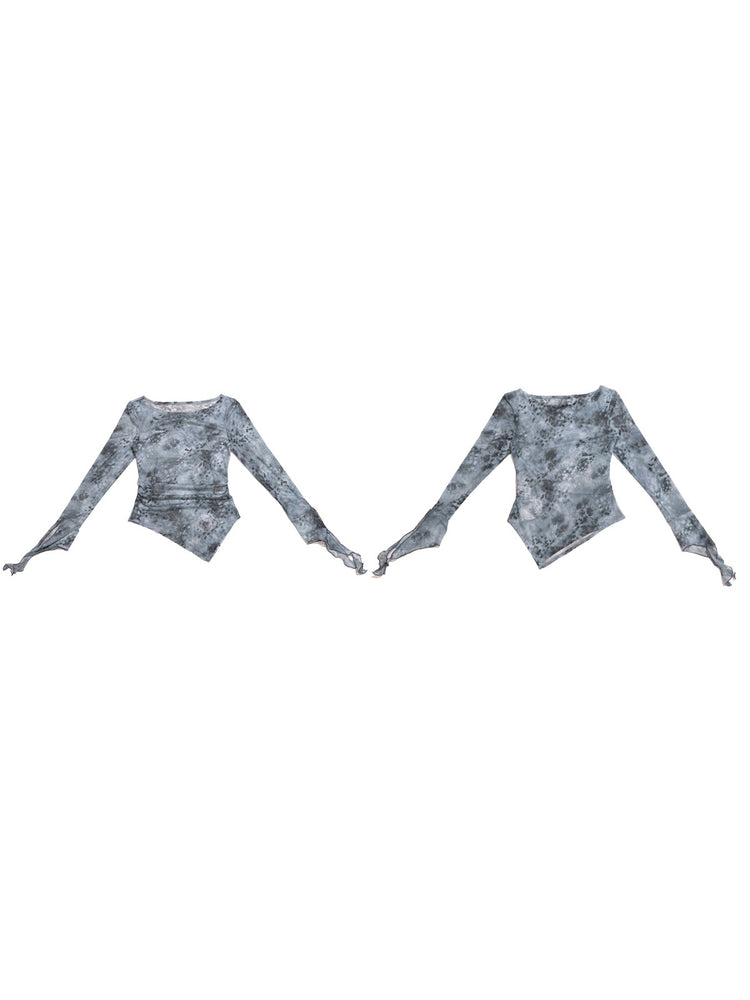 NEXT PASSPORT blue-gray printed mesh asymmetric long-sleeve top, photo 8