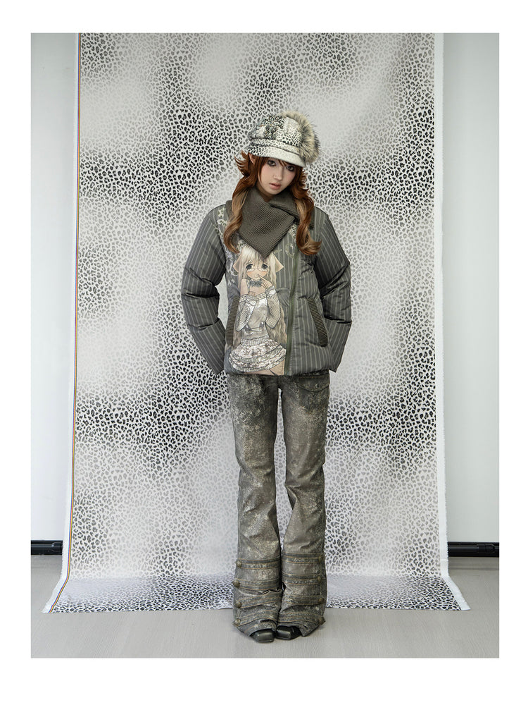 4RE1GN COMIC STRIPE asymmetric-collar down jacket in olive green — full-length modeled view beside a leopard-print backdrop