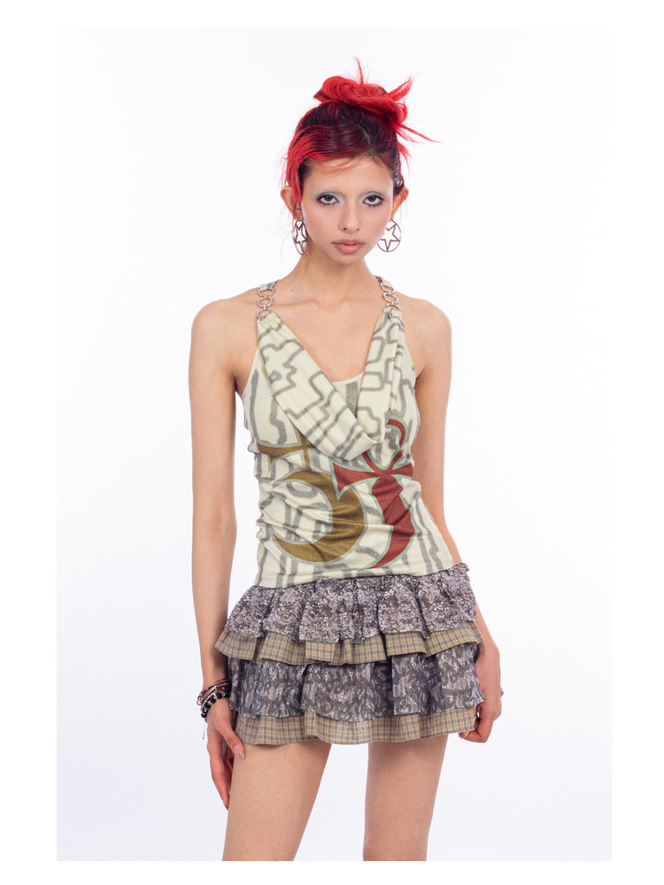 4RE1GN SIGIL cowl-neck halter top in ivory multicolor — front modeled close-up with arms down