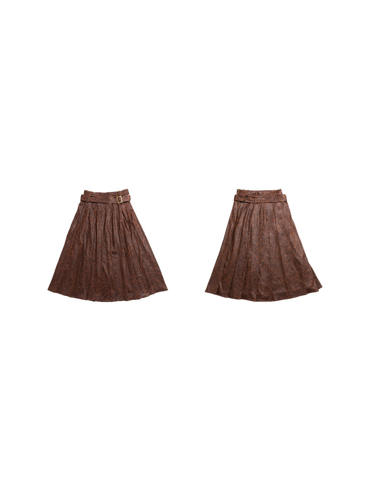 Brown pleated wrap maxi skirt front and back flat lays
