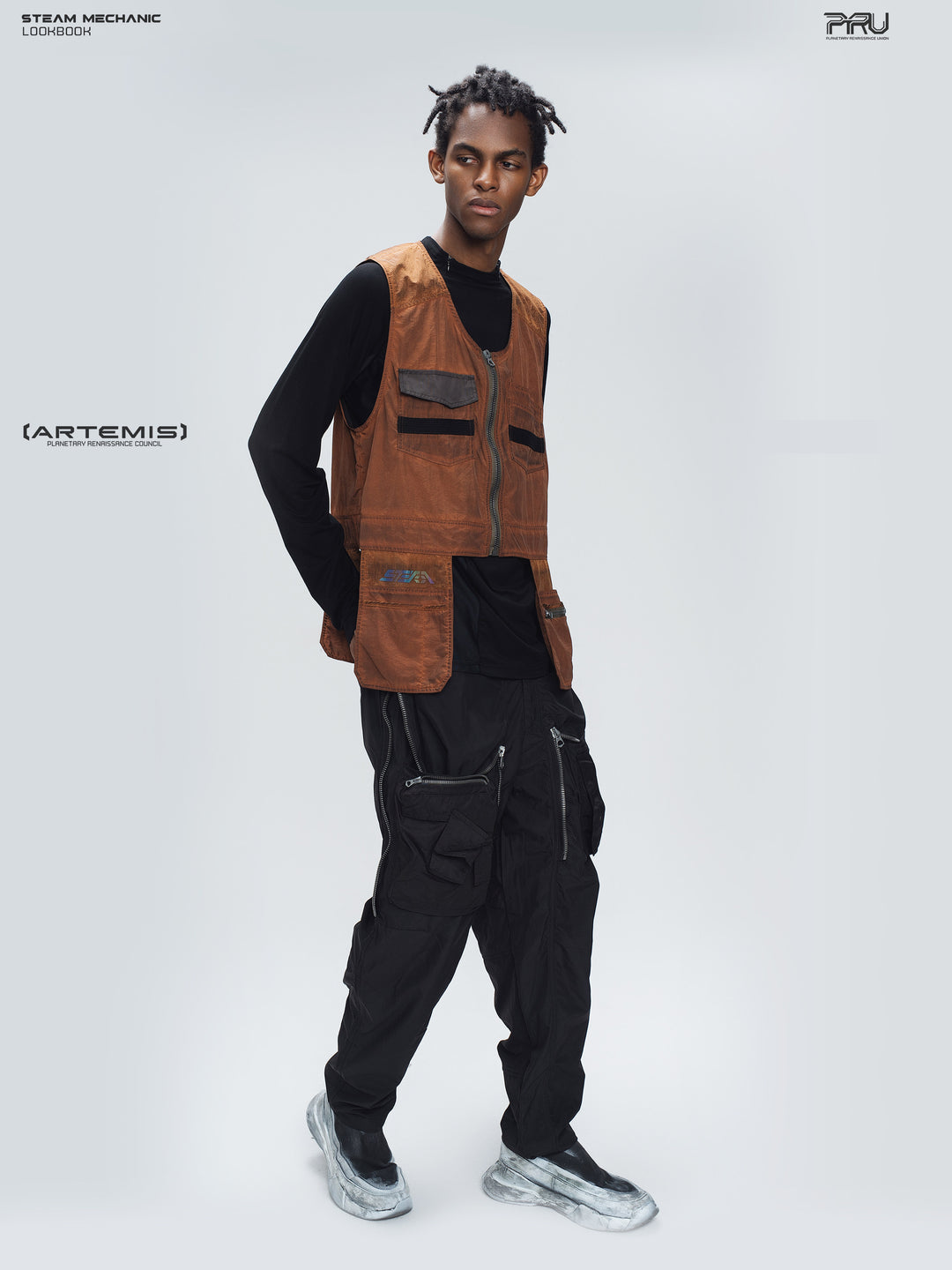 PIONEER sedna-red multi-pocket vest, full-length angled pose with hand resting at hip