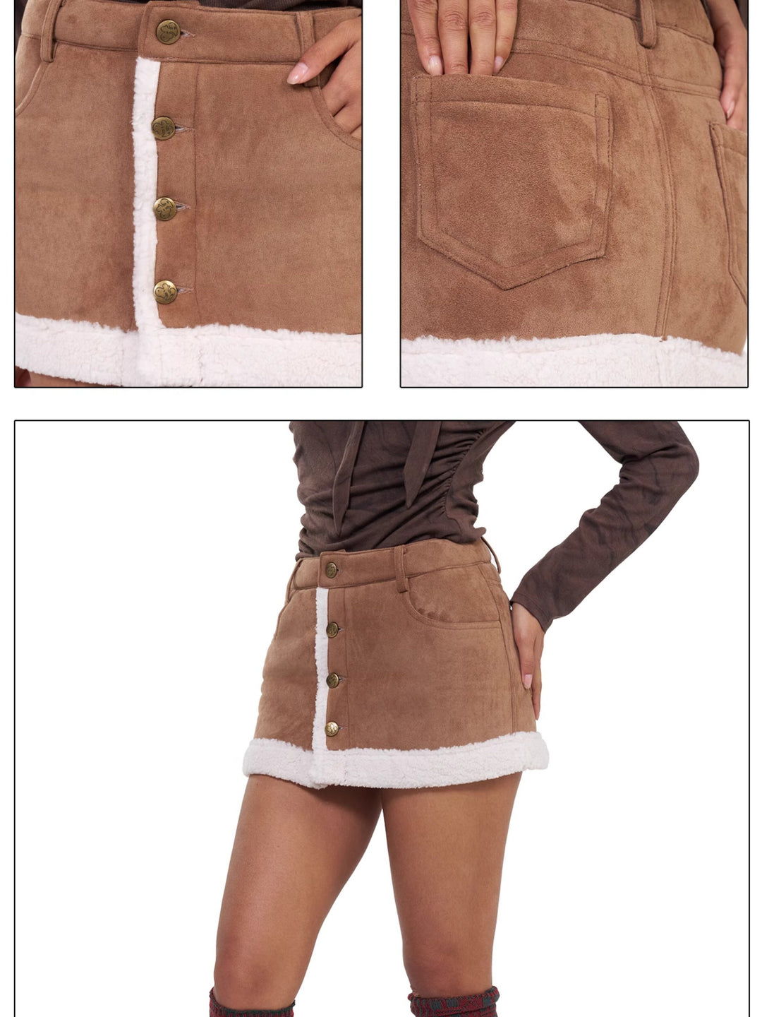 NEXT PASSPORT brown faux-shearling mini skirt, multi-panel construction detail collage