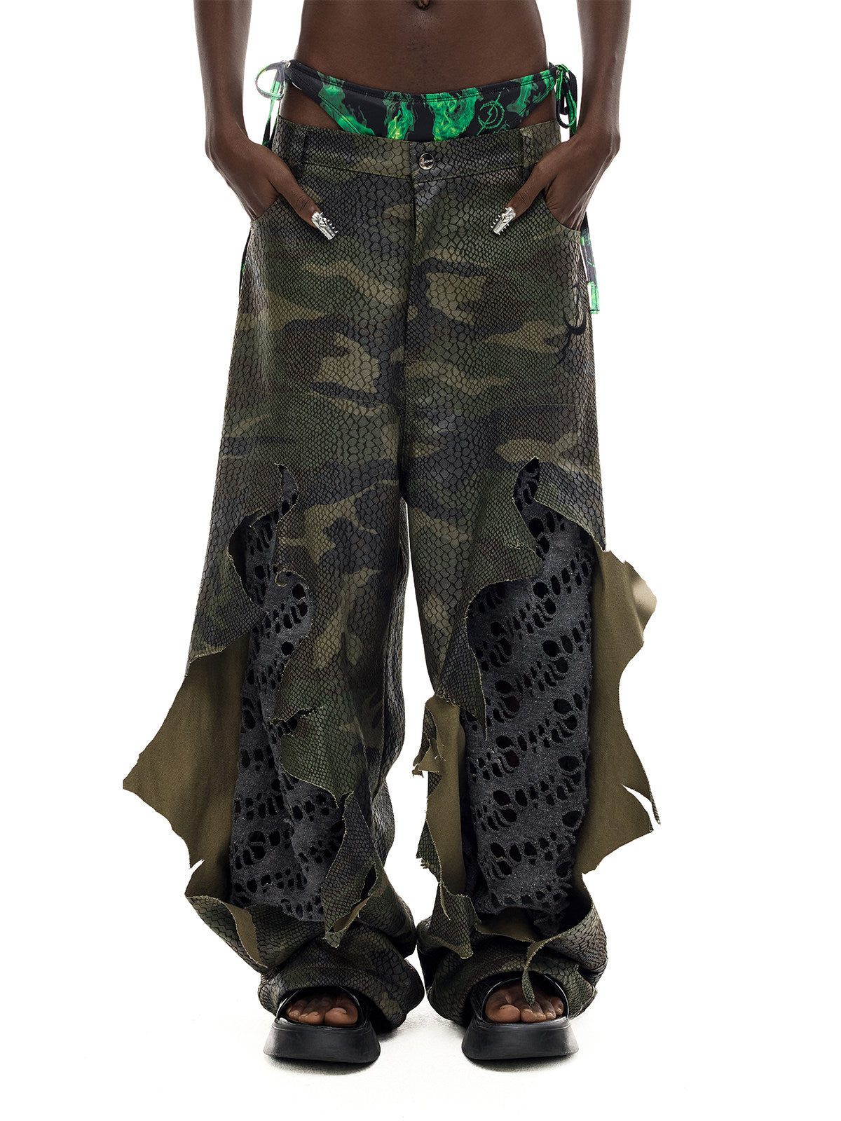 PINKSPINK DOUBLE STACK distressed camouflage wide-leg jeans — front waist-to-hem modeled view showing the distressed inserts