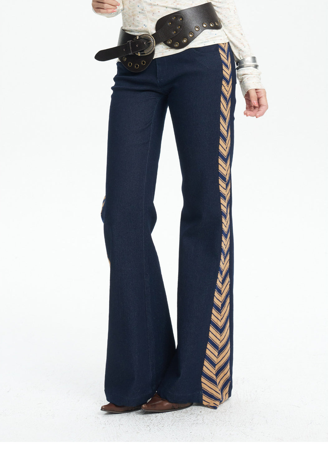 NEXT PASSPORT striped tie-panel flared pants in denim blue — striped side-panel detail.