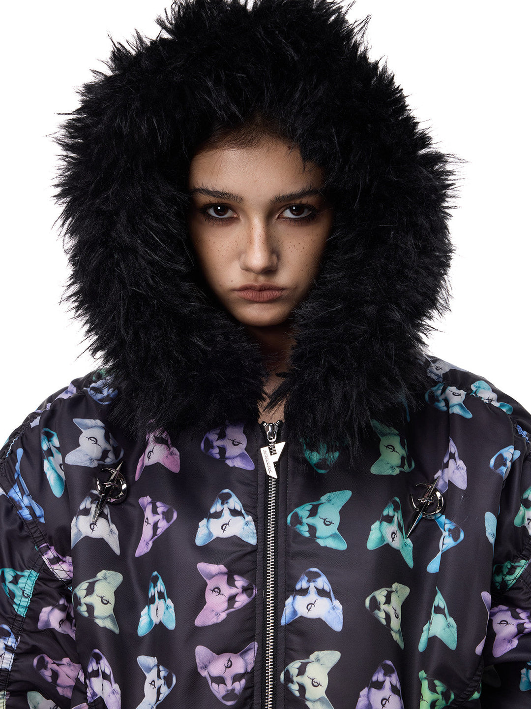 PINKSPINK CAT ALIEN faux-fur collar padded jacket — close front portrait showing the hood framing the face