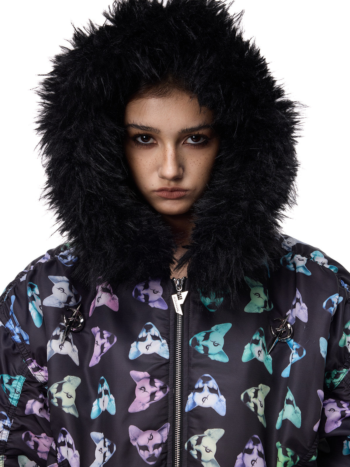 PINKSPINK CAT ALIEN faux-fur collar padded jacket — close front portrait showing the hood framing the face