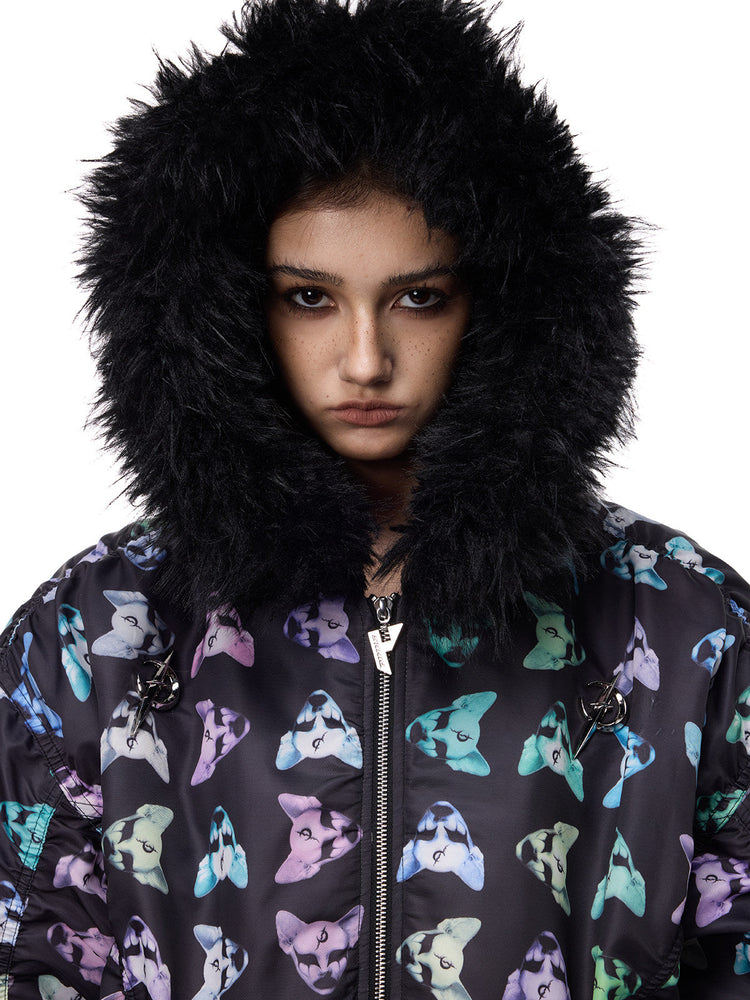 PINKSPINK CAT ALIEN faux-fur collar padded jacket — close front portrait showing the hood framing the face